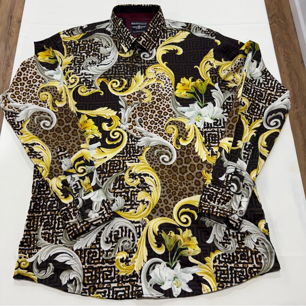 BARABAS Men’s L Leopard Floral Greek Key Pattern Baroque Slim-Fit Button Down